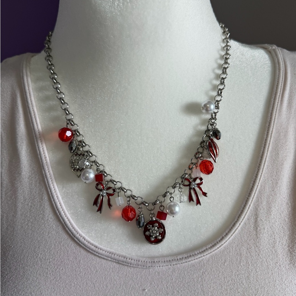 Chic Red and Silver Necklace with Charms